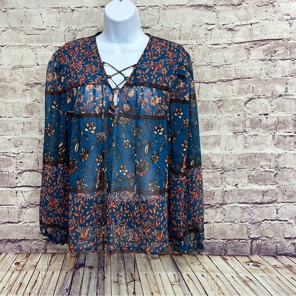 Everly for Francescas Blue Floral Sheer Long Sleeve Blouse - Picture 1 of 11